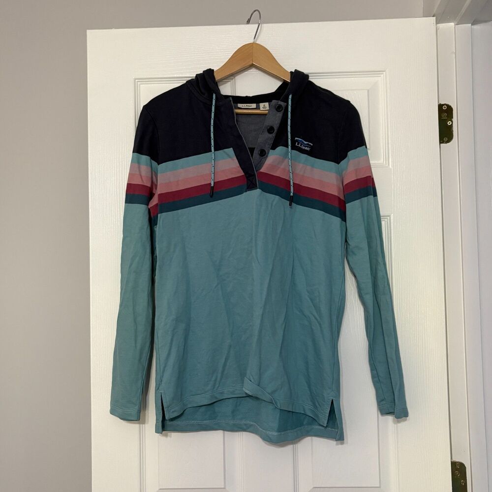 L.L.Bean Rugby Hoodie Womens M Blue Striped Henley Jersey Cotton Pullover Shirt